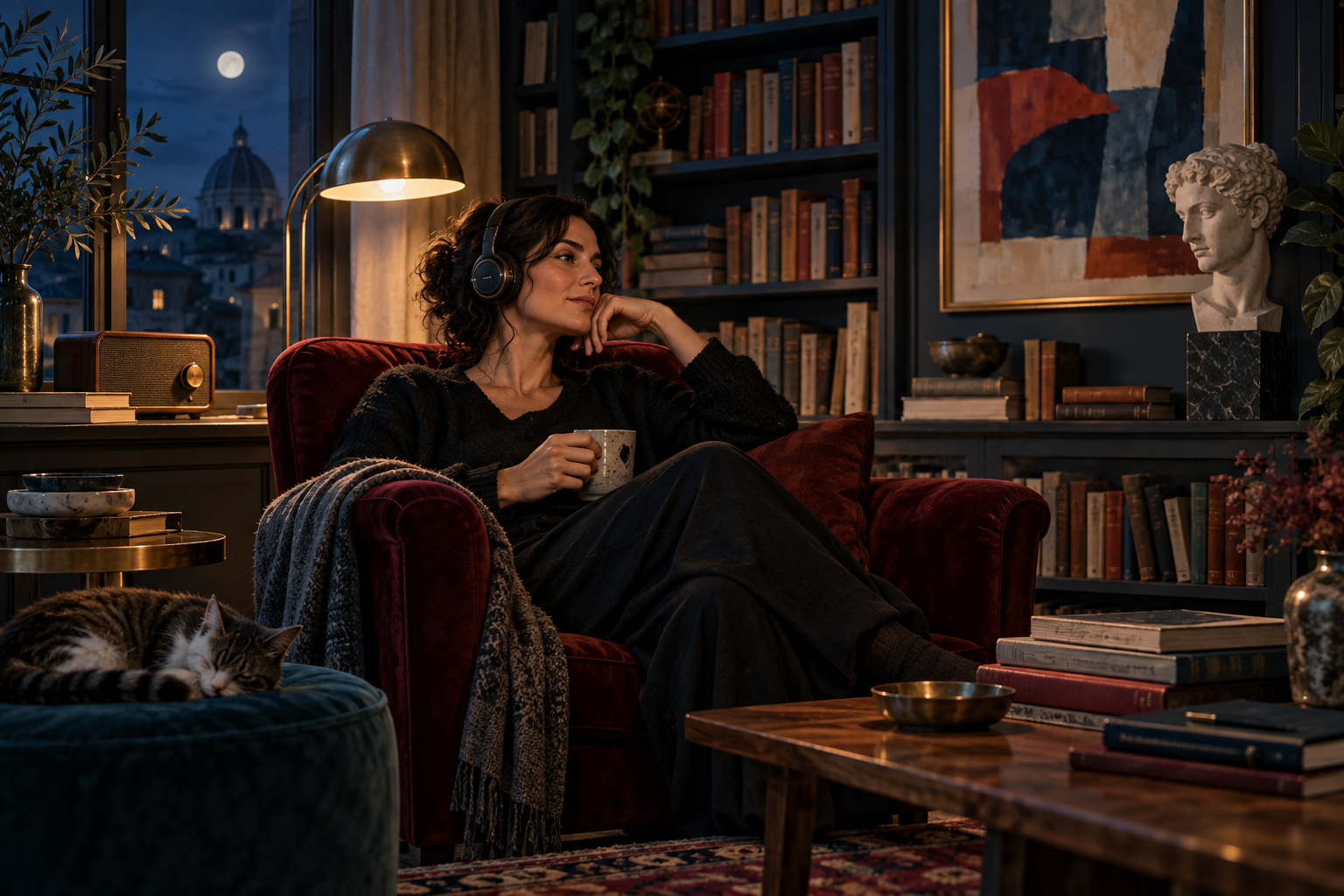 Donna che ascolta un audiolibro in una biblioteca domestica