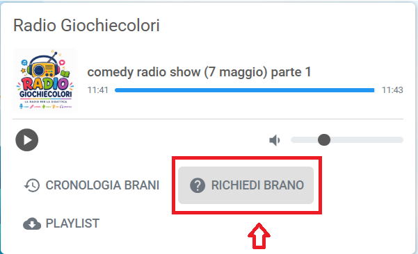 Player di Radio Giochiecolori con il pulsante Richiedi brano evidenziato